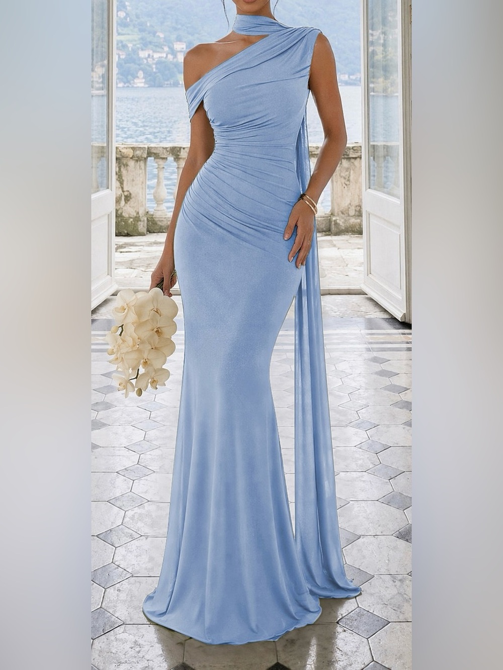 Isolde Maxi Dress one Shoulder Mesh Ribbon Ruched gown